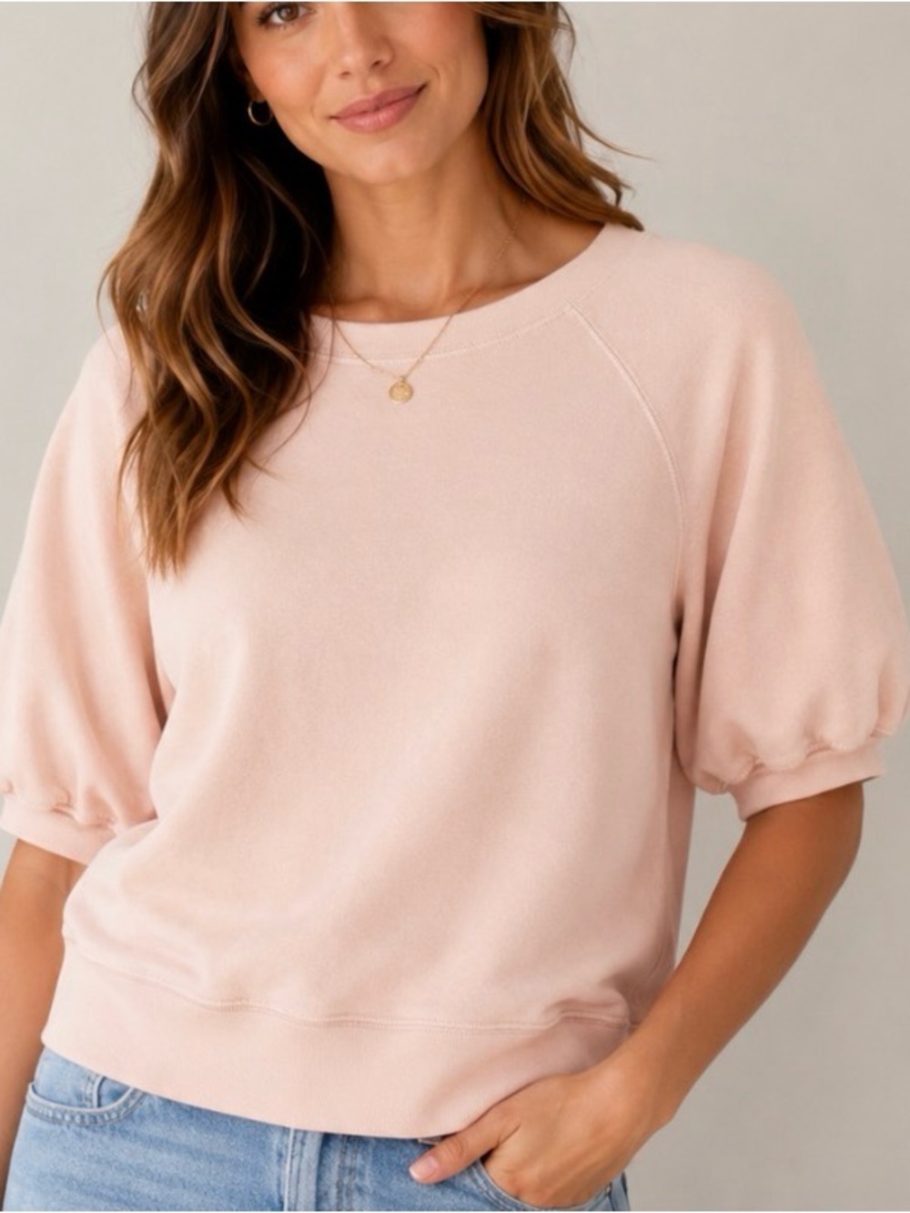 Treasure & Bond Puff Sleeve Crewneck Sweater - Light Blush